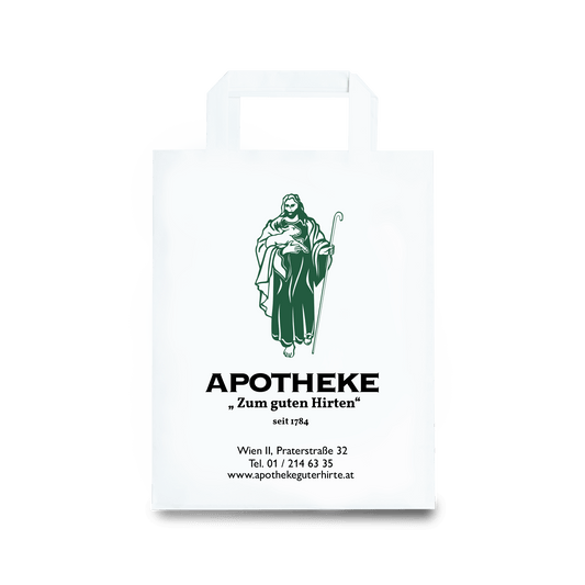 Abbildung einer Papiertragetasche, weiß mit Apothekenlogo. Zweifärbiger individualdruck