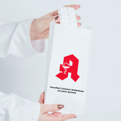 Papierbeutel mit Apotheken Logo 12x5x20, umweltfreundlich, für Medikamente, Apotheke, nachhaltige Verpackung.