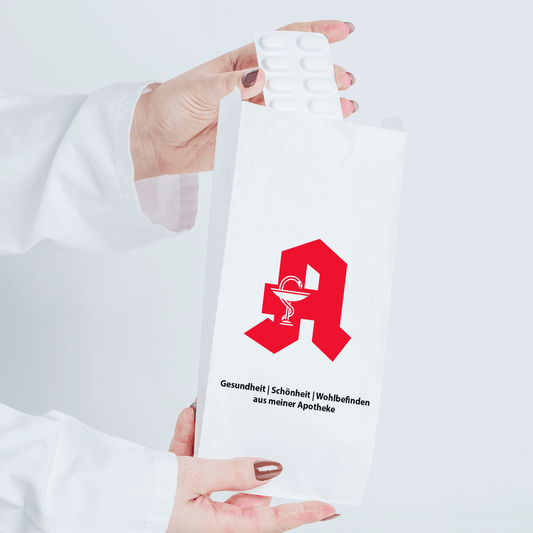 Papierbeutel mit Apotheken Logo 12x5x20, umweltfreundlich, für Medikamente, Apotheke, nachhaltige Verpackung.