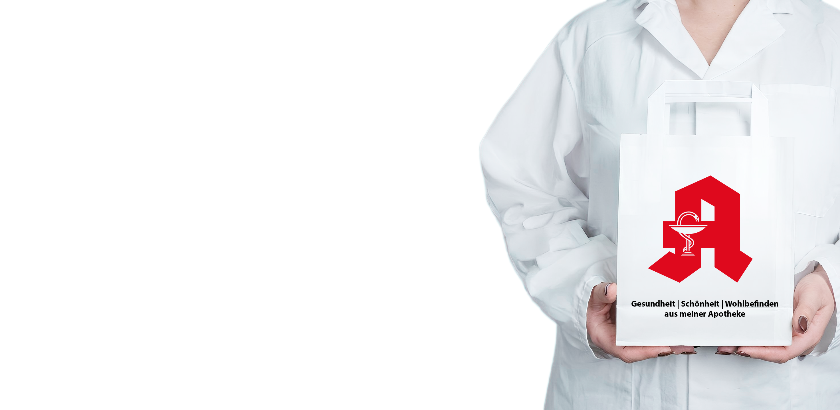 Apothekentasche und Apothekentüte mit Apothekenmitarbeiterin 