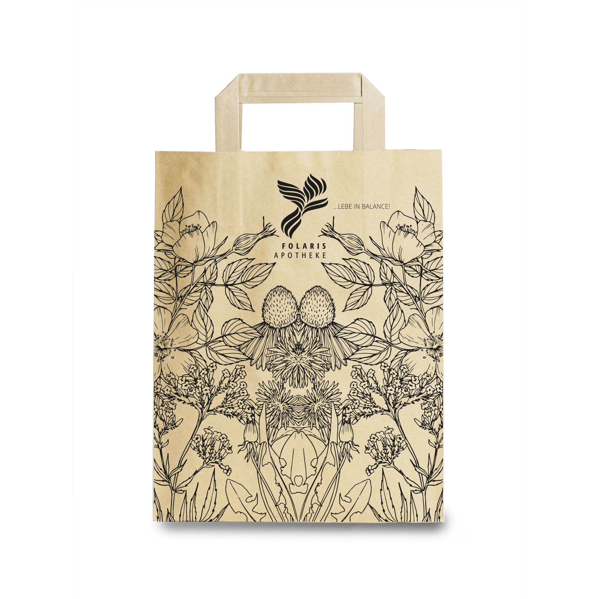 Abbildung einer Papiertragetasche, braun mit Apothekenlogo. Florales Logo 