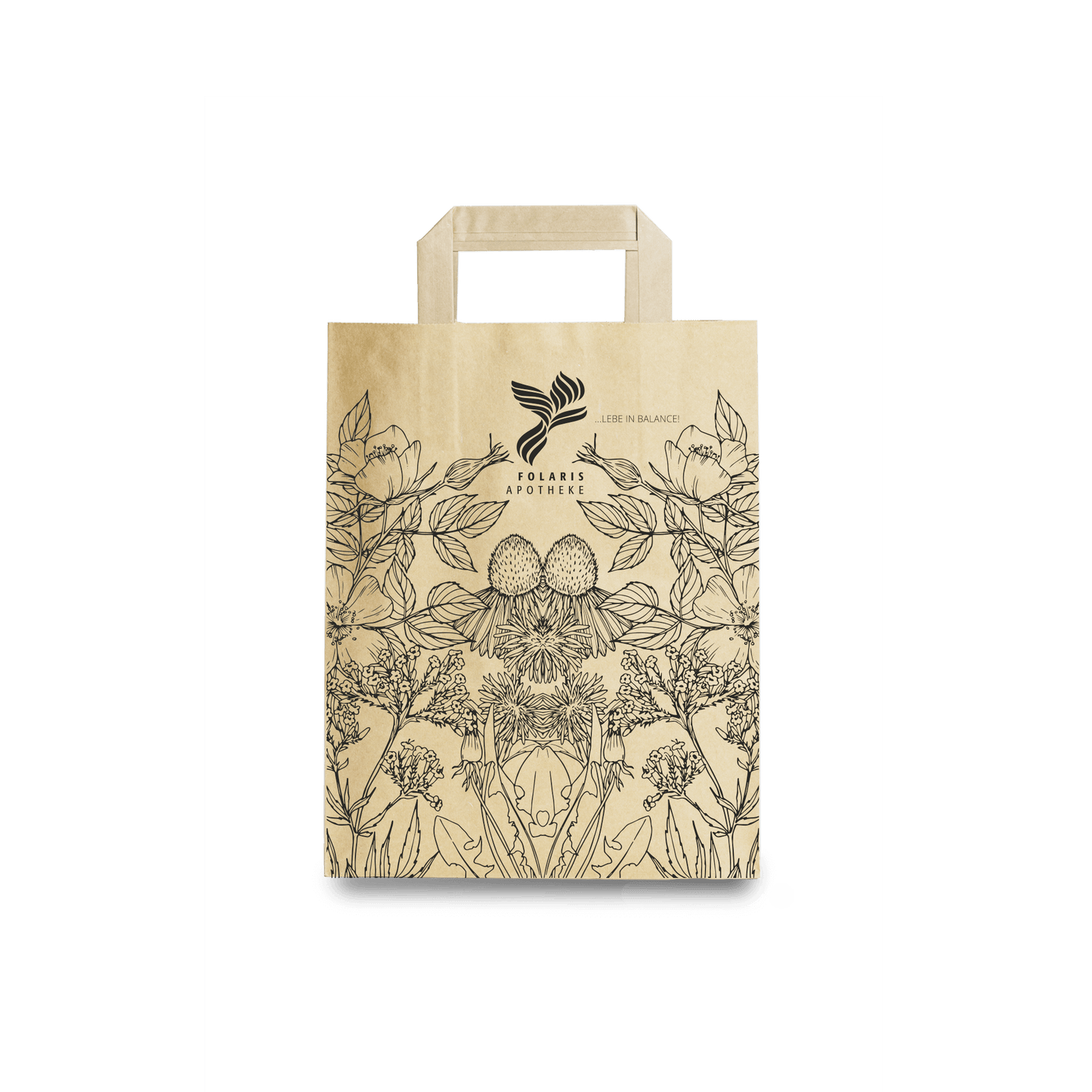 Papiertragetasche Individualdruck Größe S mit floralem Design für Apotheken und nachhaltige Verpackung.