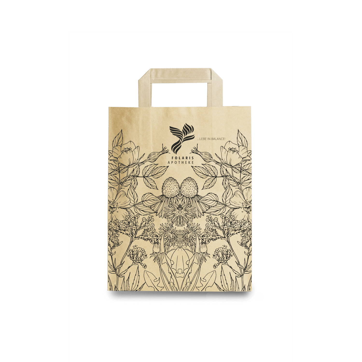 Papiertragetasche Individualdruck Größe S mit floralem Design für Apotheken und nachhaltige Verpackung.