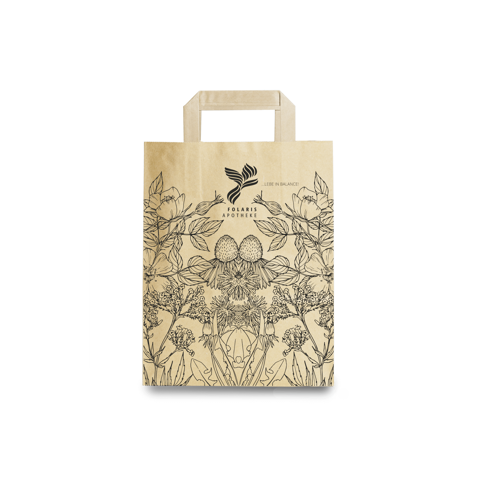 Papiertragetasche Individualdruck Größe S mit floralem Design für Apotheken und nachhaltige Verpackung.