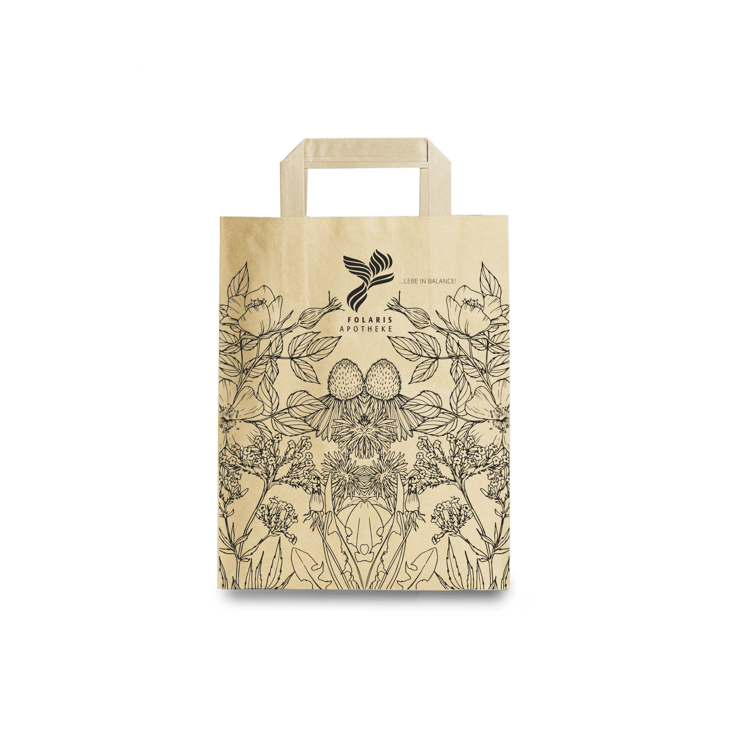 Papiertragetasche Individualdruck Größe S mit floralem Design für Apotheker.