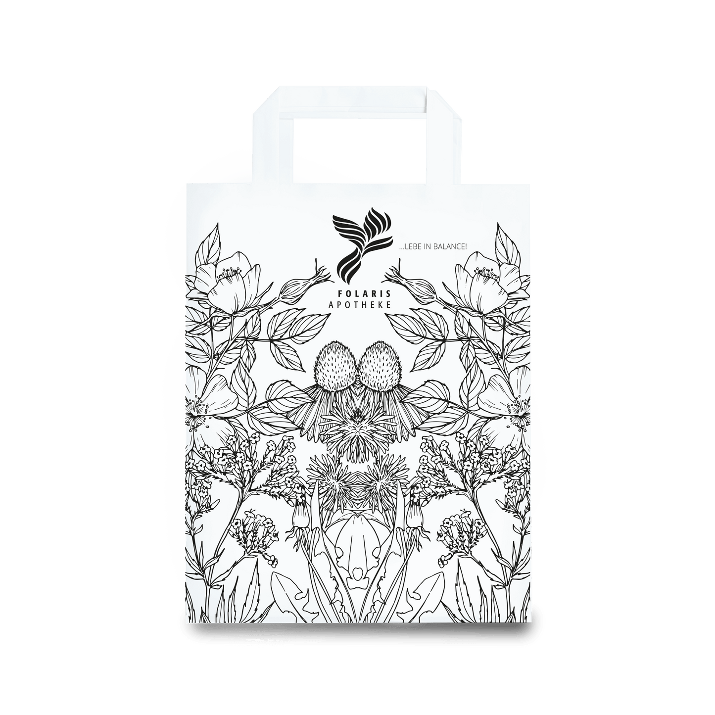 Papiertragetasche Individualdruck Größe M mit floralem Design für Apotheken.
