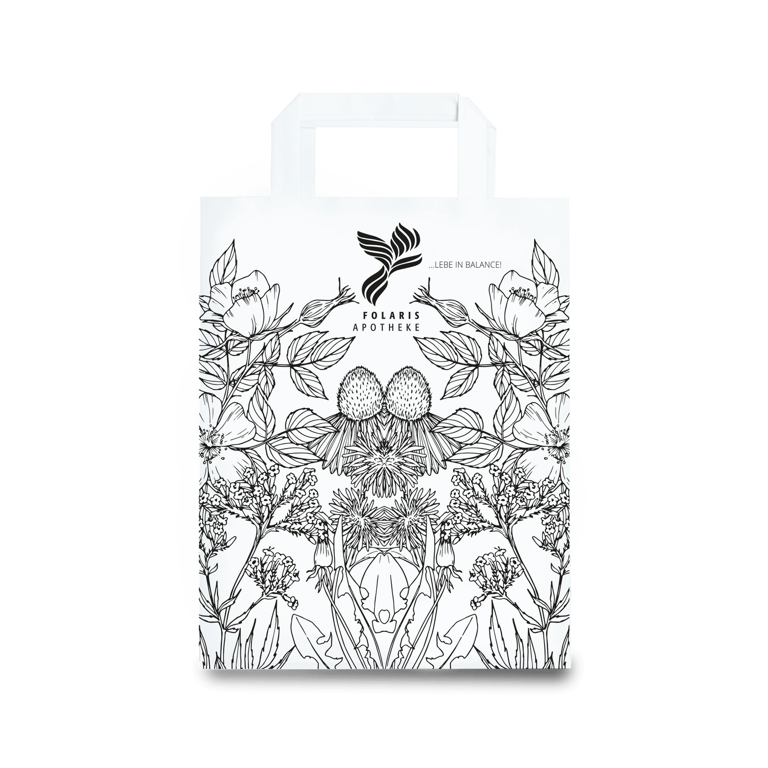 Papiertragetasche Individualdruck Größe M mit floralem Design für Apotheken.