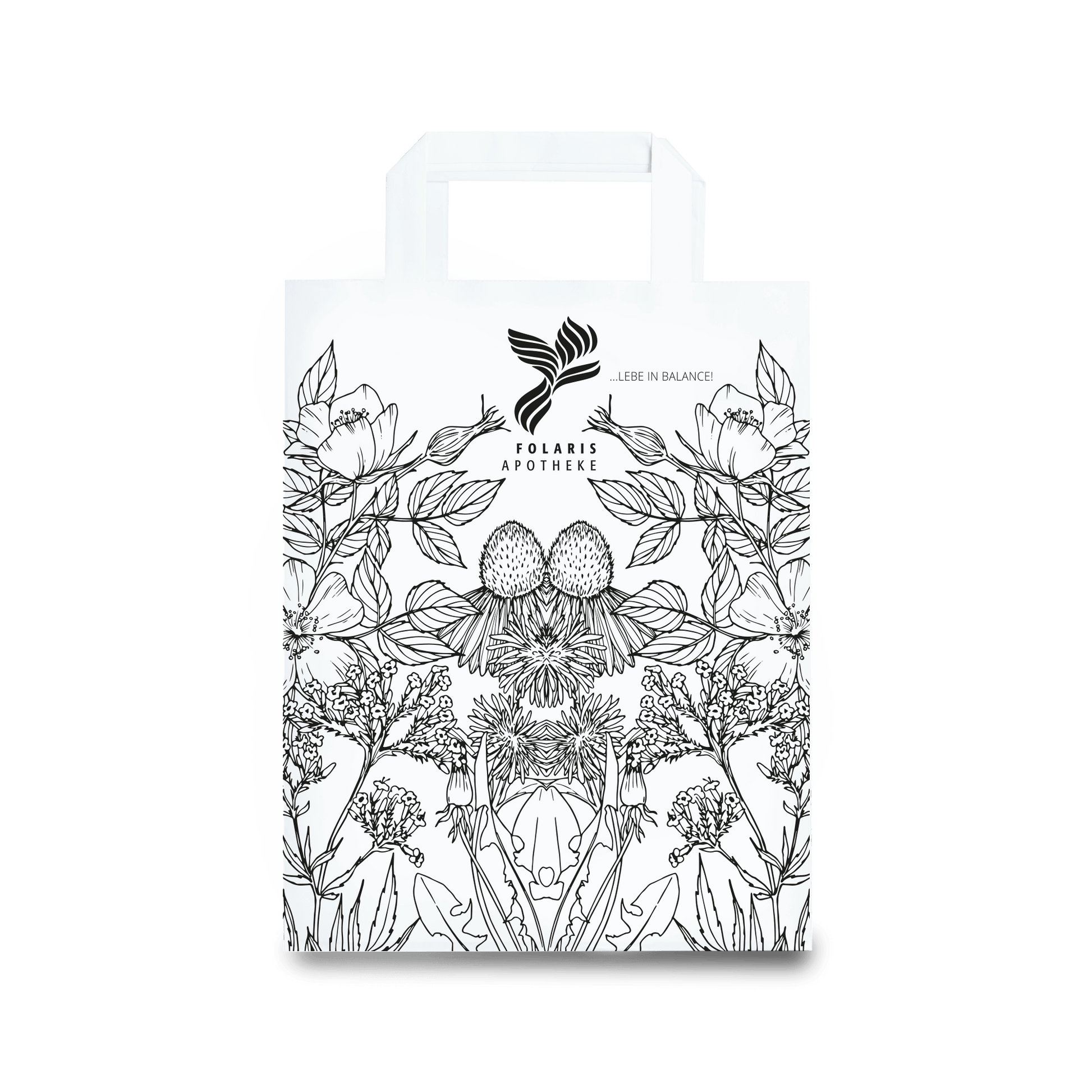 Papiertragetasche Individualdruck Größe M mit floralem Design für Apotheken.