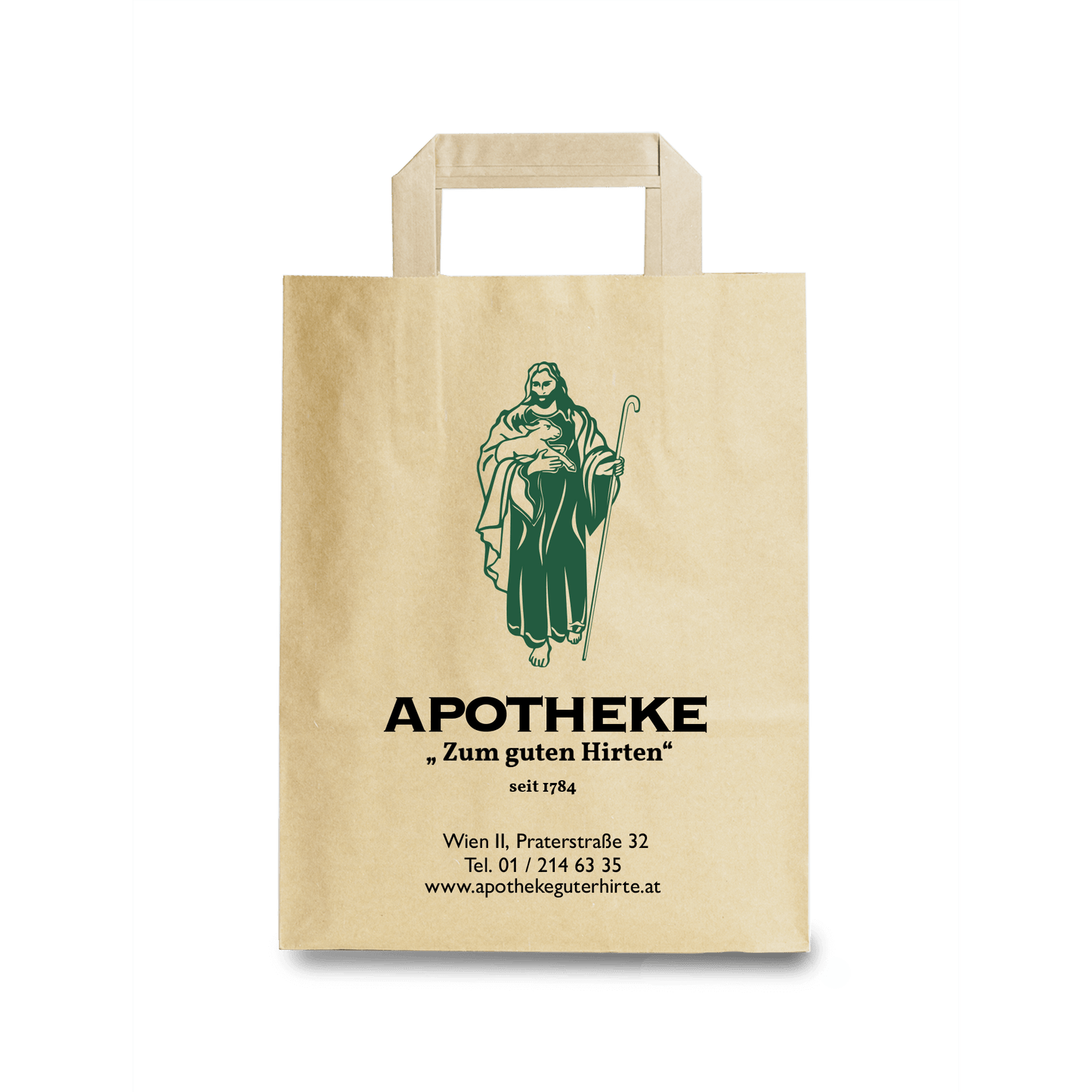 Abbildung einer Papiertragetasche, braun mit Apothekenlogo. Schwarz und grünes Logo