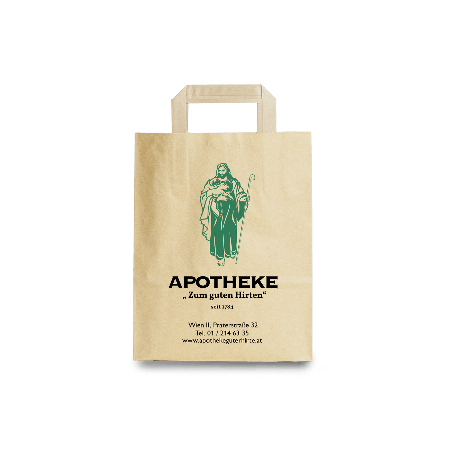 Papiertragetasche Individualdruck Größe S mit Apothekenlogo, nachhaltige Verpackung für Apotheken.