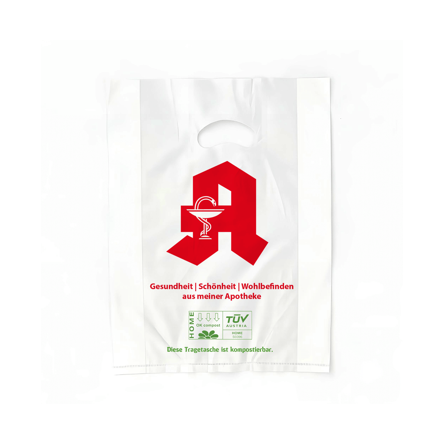 Bio-Tragebeutel Apotheke 24x6x35 (1.000 Stück / Karton) mit Apothekenlogo und kompostierbar.