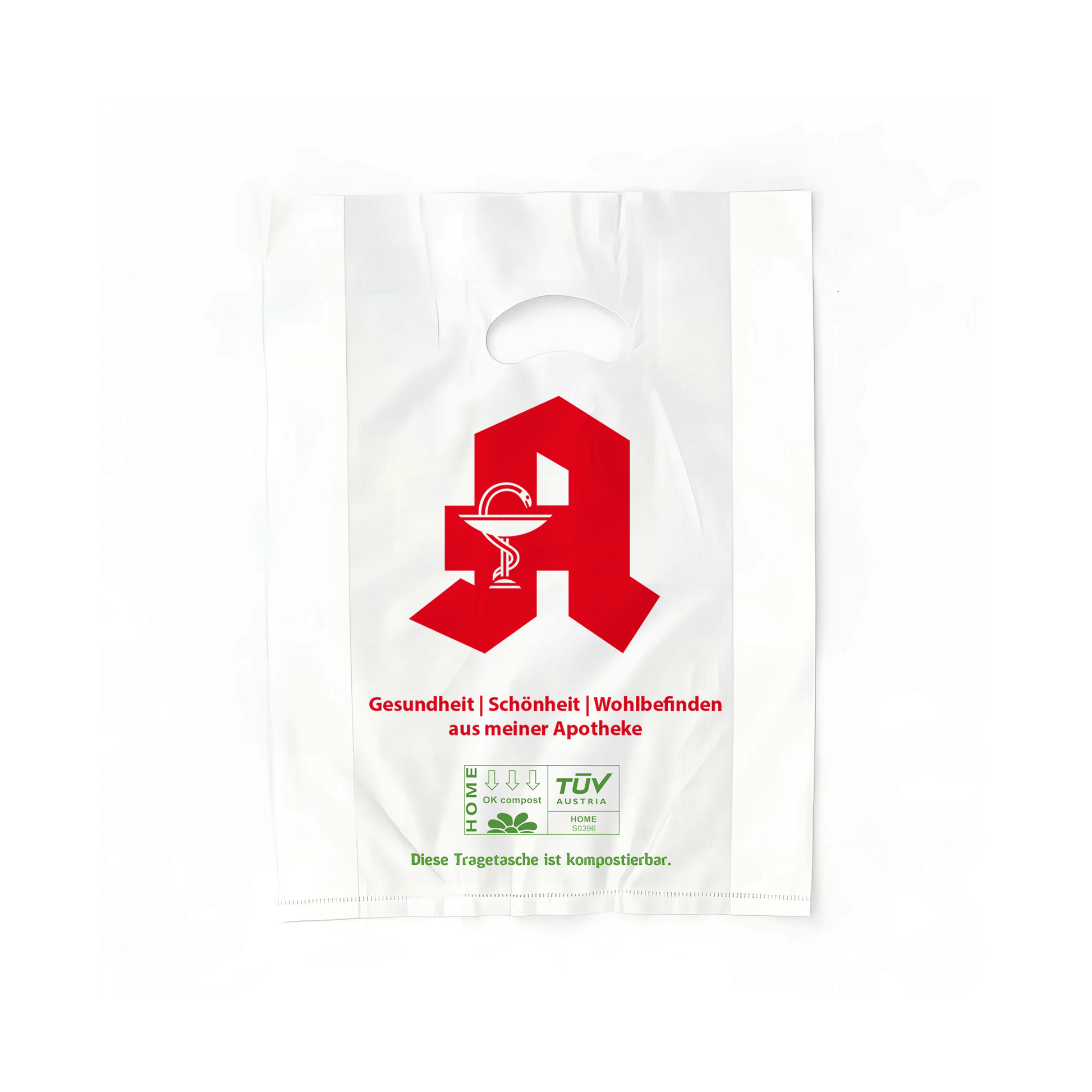 Bio-Tragebeutel Apotheke 24x6x35 (1.000 Stück / Karton) mit Apothekenlogo und kompostierbar.