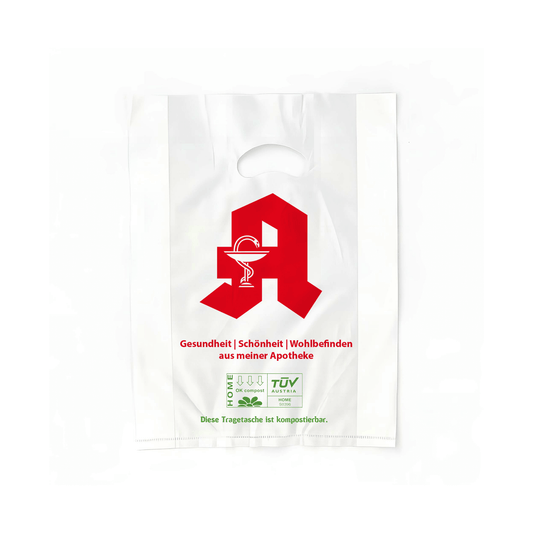 Bio-Tragebeutel Apotheke 24x6x35 (1.000 Stück / Karton) mit Apothekenlogo und kompostierbar.